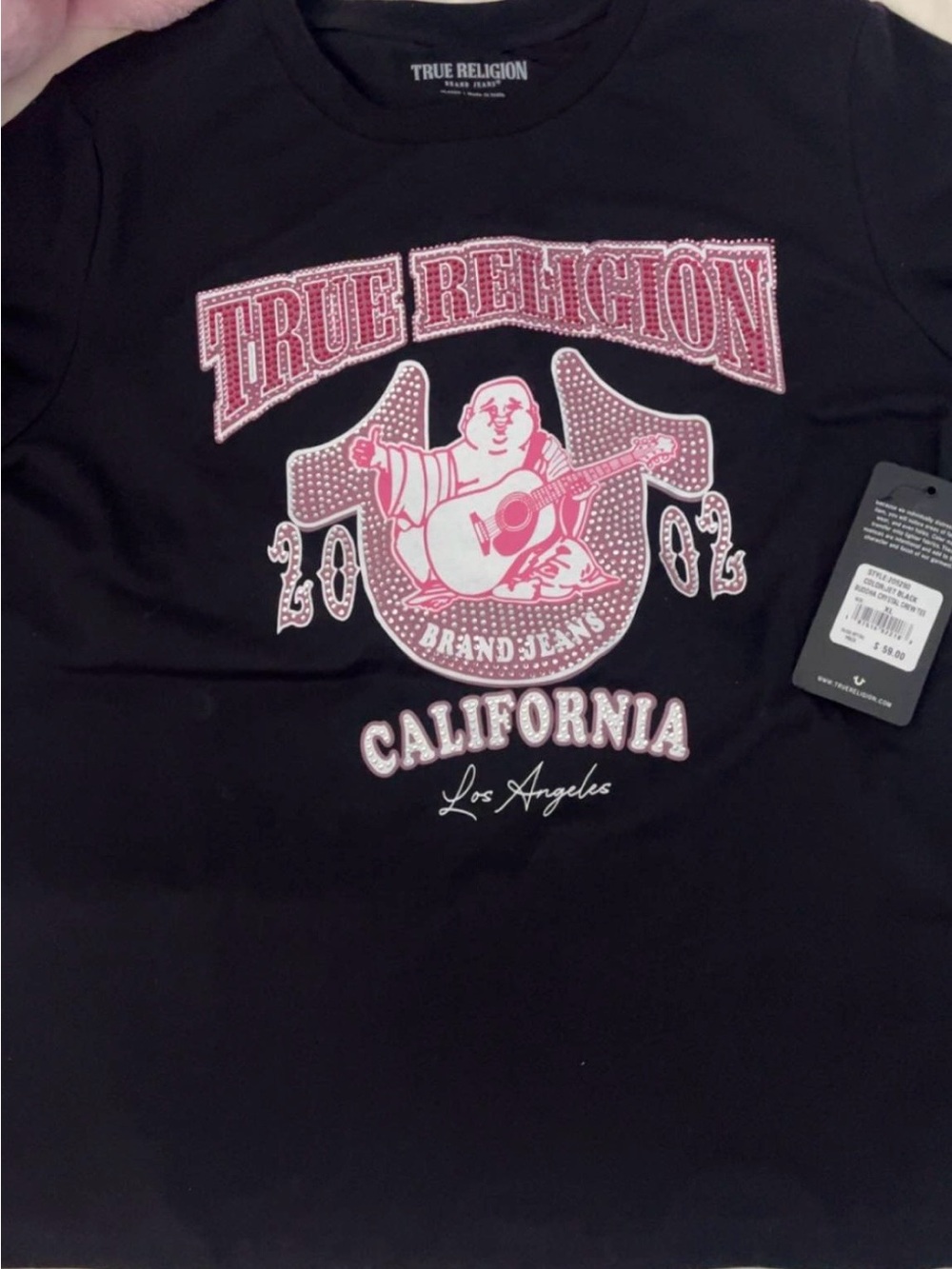 True Religion Black Tee with Pink Logo Graphic bejeweled